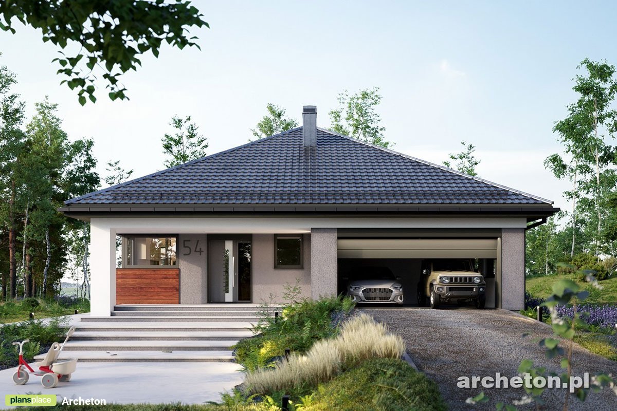 Bungalow Grundriss in T-Form mit 4 Zimmern und Doppelgarage - 46795R
