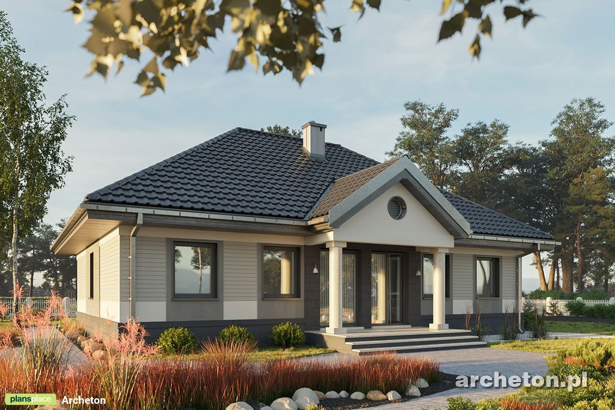 Bungalow Grundriss mit Portikus, 4 Zimmern und 2 Bädern - 46295R