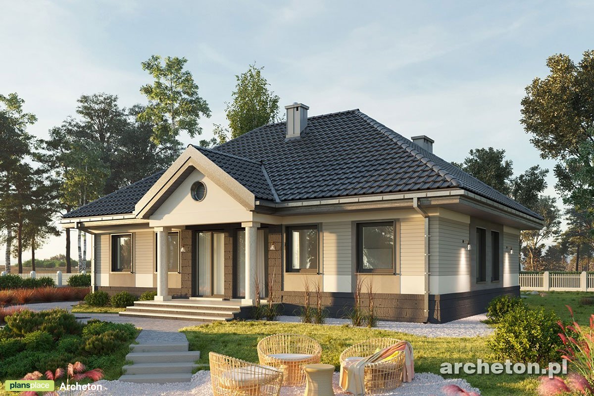Bungalow Grundriss mit Portikus, 4 Zimmern und 2 Bädern - 46295R - 3