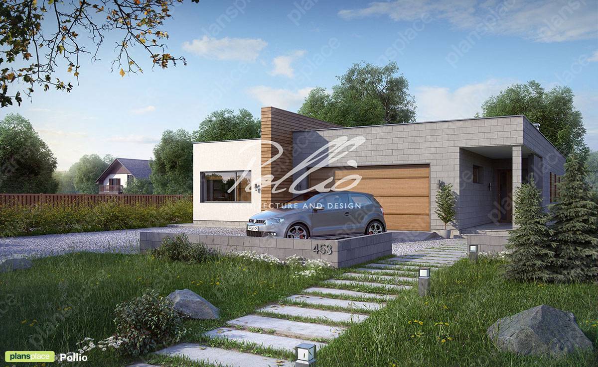 Eingeschossiges Haus mit Flachdach und Garage für 2 Autos - 59025R