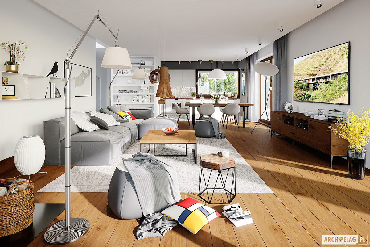 Eingeschossiges Hausprojekt mit T-förmigem Grundriss und Garage - 26778R