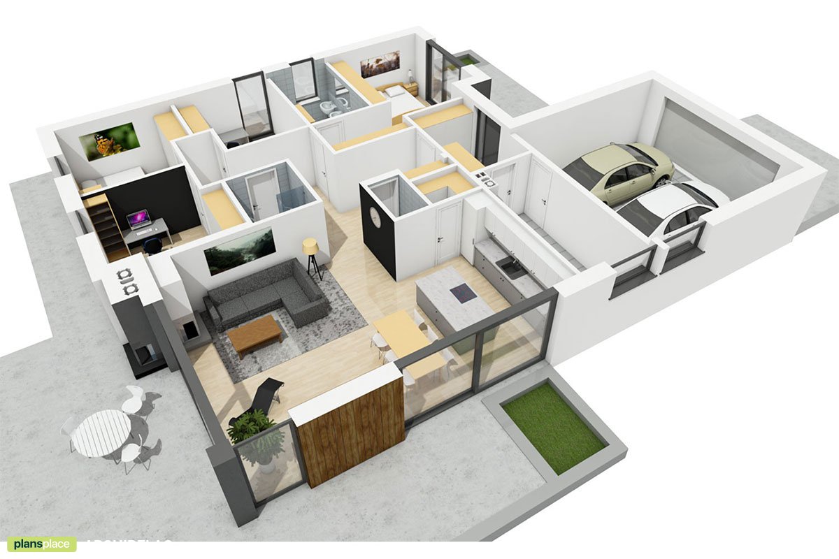 Moderner Bungalow mit Kamin auf Veranda und Doppelgarage - 73880R