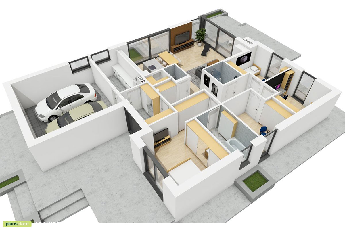 Moderner Bungalow mit Kamin auf Veranda und Doppelgarage - 73880R